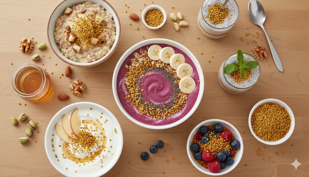 Chocolate banana smoothie with bee pollen and banana slices