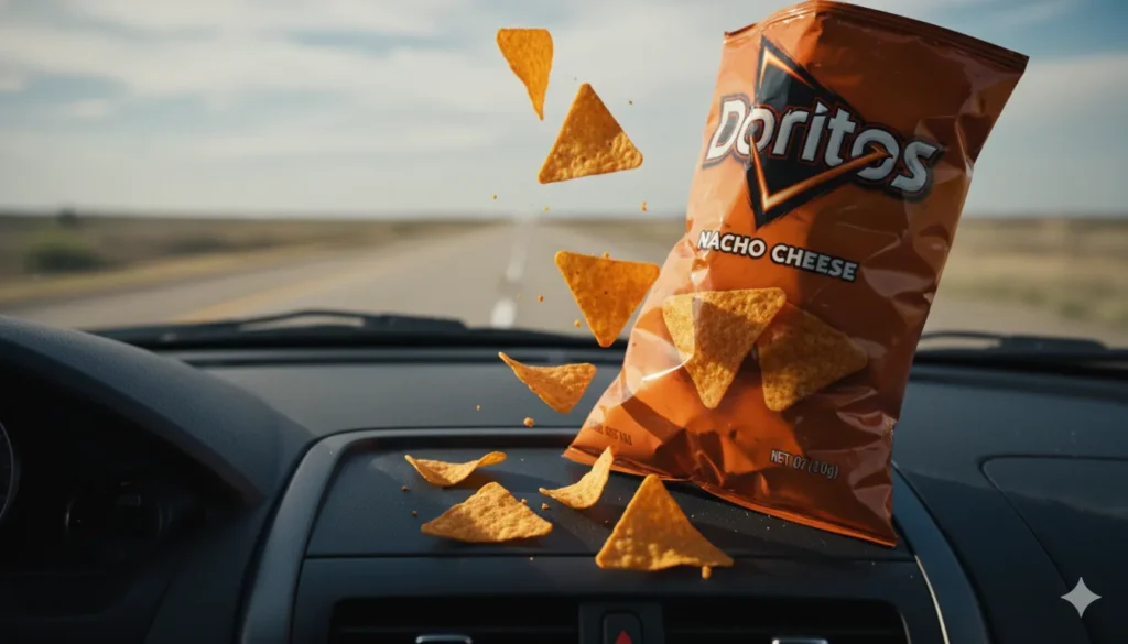 Doritos Nacho Cheese chips on a car console, one of the best gas station snacks for American road trips.