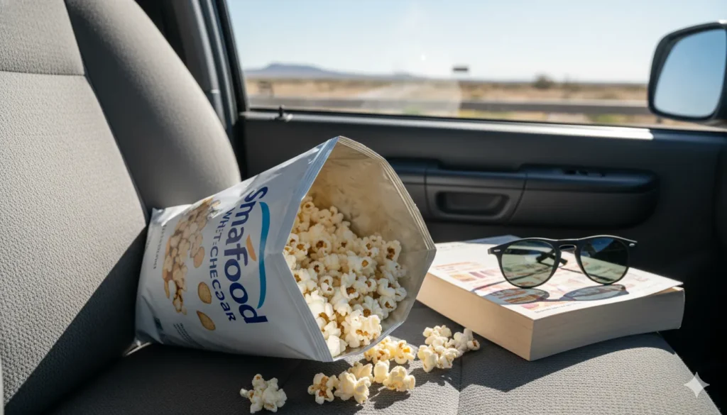 Smartfood White Cheddar popcorn on a car seat with travel items, a lighter gas station snack for road trips.