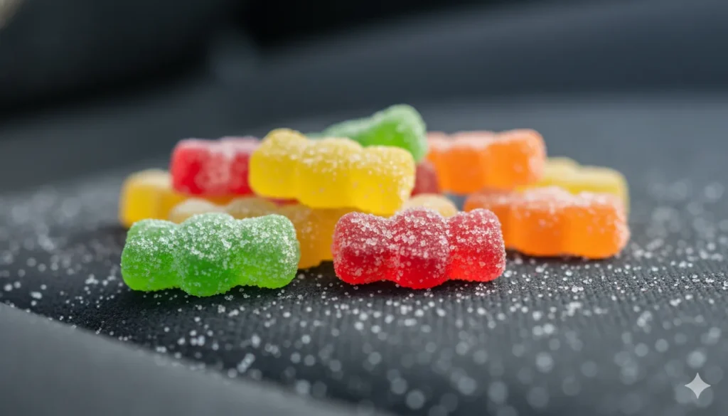 Sour Patch Kids candy on a car seat, a fun and colorful gas station snack enjoyed on long road trips.