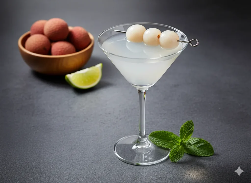 
“Chilled Lychee Martini in an elegant martini glass garnished with fresh lychee and a lime twist on a dark wooden table, with soft ambient lighting.”