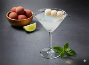 “Chilled Lychee Martini in an elegant martini glass garnished with fresh lychee and a lime twist on a dark wooden table, with soft ambient lighting.”