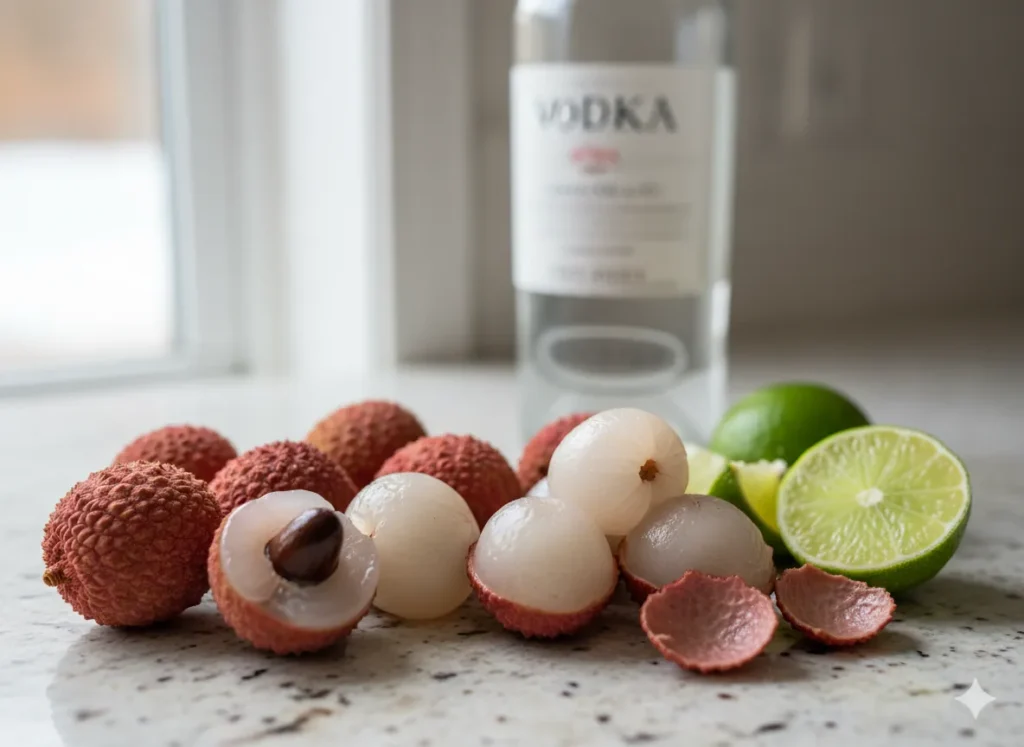 “Close-up of fresh lychee fruits with vodka bottle and lime slices on a kitchen counter.”