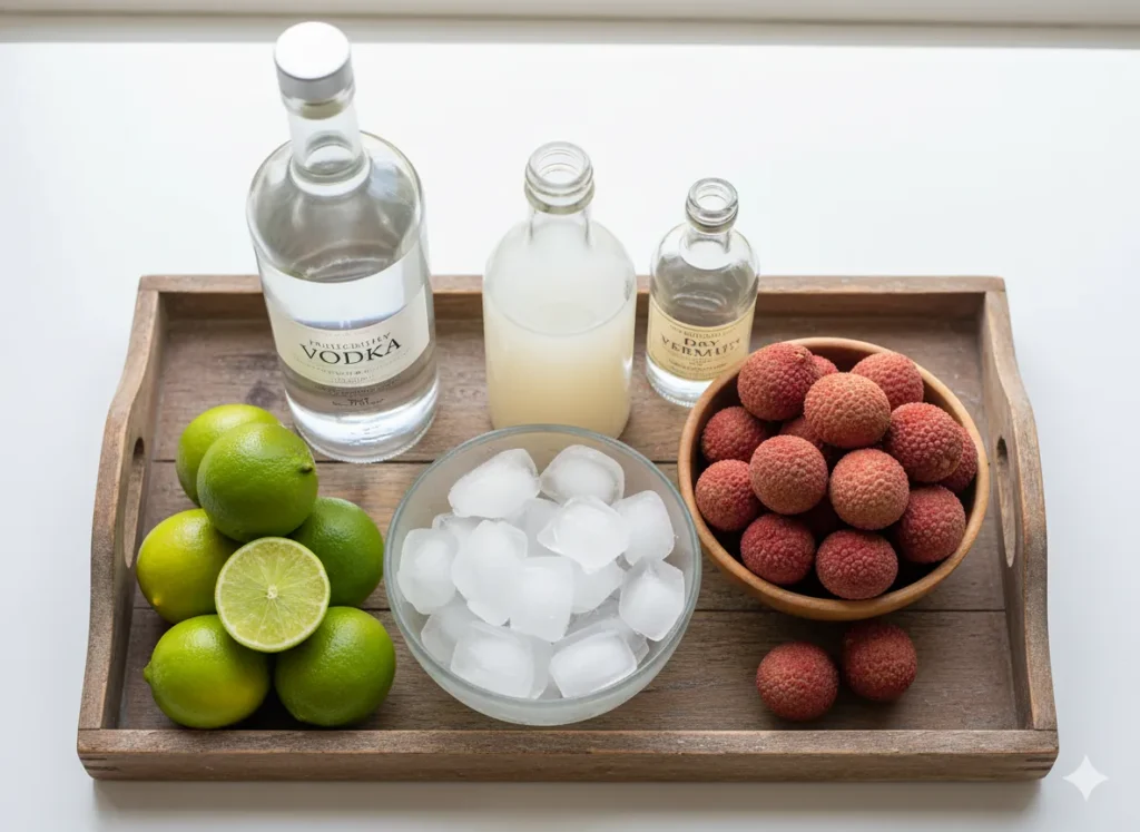 
“Ingredients for Lychee Martini neatly arranged on a wooden tray: vodka, lychee juice, lime, vermouth, ice cubes, and lychee fruits.”