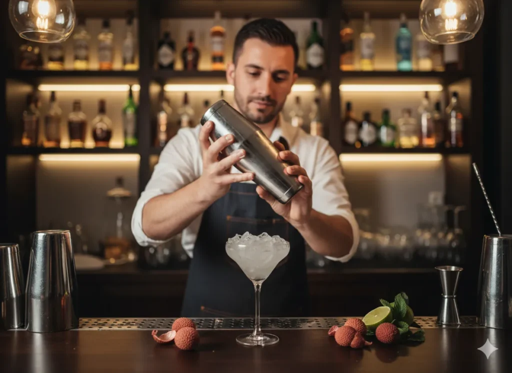 Lychee Martini Recipe 
“Bartender shaking a Lychee Martini cocktail in a shaker with ice, in a stylish home bar setting.”
