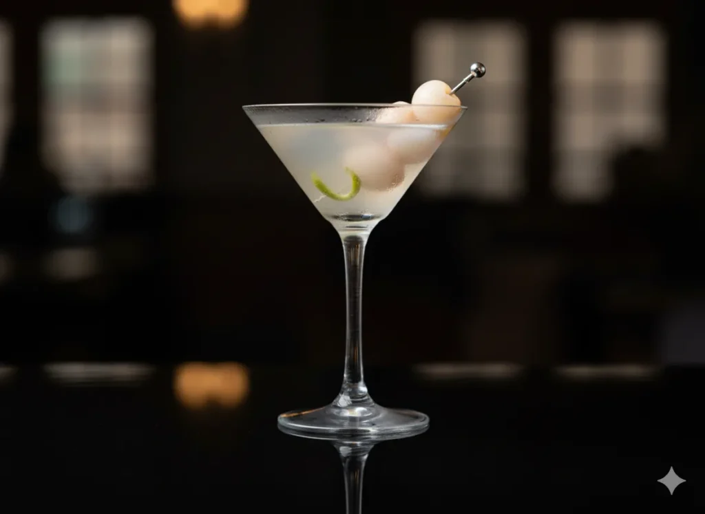 “Lychee Martini served in a chilled martini glass with two lychees on a cocktail pick and a lime twist garnish.”