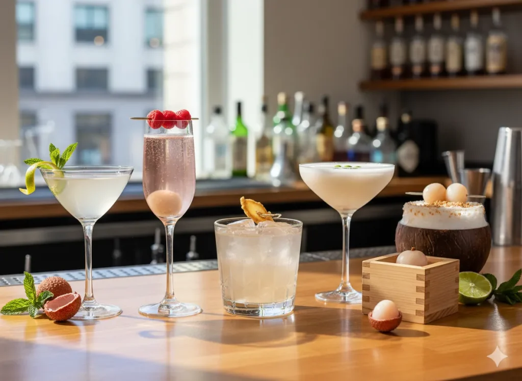 Lychee Martini Recipe 

“Five Lychee Martini variations in different glasses: gin, sparkling, ginger, sake, and coconut, with matching garnishes.”