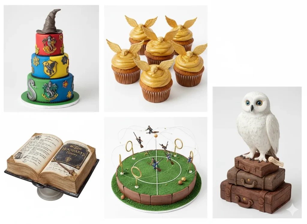 "Different Harry Potter cake designs including Hogwarts house colors, spell book cake, Hedwig cake and Quidditch themed cakes" 
Harry Potter Birthday Cake
