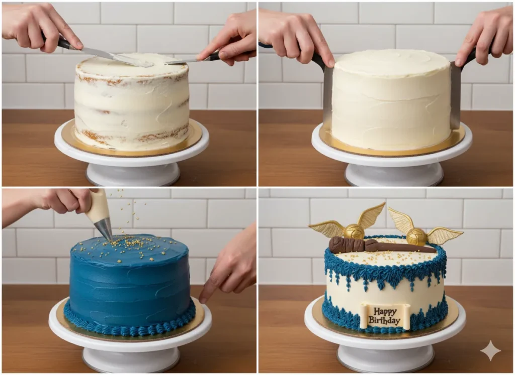 "Step by step cake decorating process showing frosting, crumb coating and adding Harry Potter themed fondant decorations"