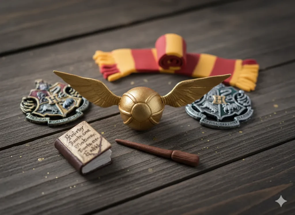 Harry Potter Birthday Cake
 decorations including fondant golden snitch, edible wand, spell book, Hogwarts scarf and house crest"