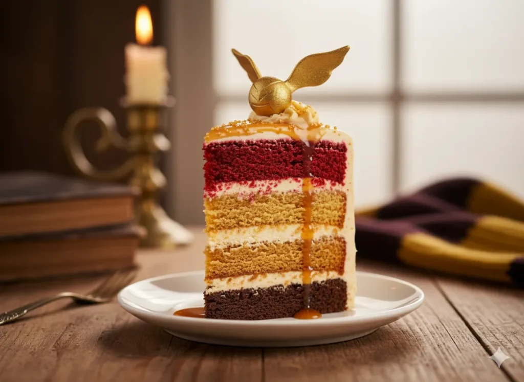 "Harry Potter Birthday Cake
Slice of Harry Potter themed cake showing layers with different flavor options like chocolate, vanilla and butterbeer"