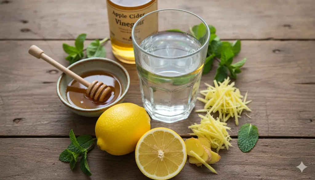 A top-down photo of fresh ingredients for the Brazilian Mounjaro Recipe, including lemon, ginger, apple cider vinegar, honey, and water arranged naturally on a rustic wooden table.