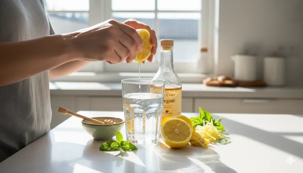 A realistic step-by-step scene showing a person preparing the Brazilian Mounjaro drink by mixing lemon juice, ginger, and apple cider vinegar in a clear glass.