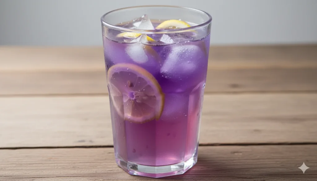 A vibrant blue-purple glass of the Butterfly Pea Brazilian Mounjaro drink with lemon garnish on a wooden surface.