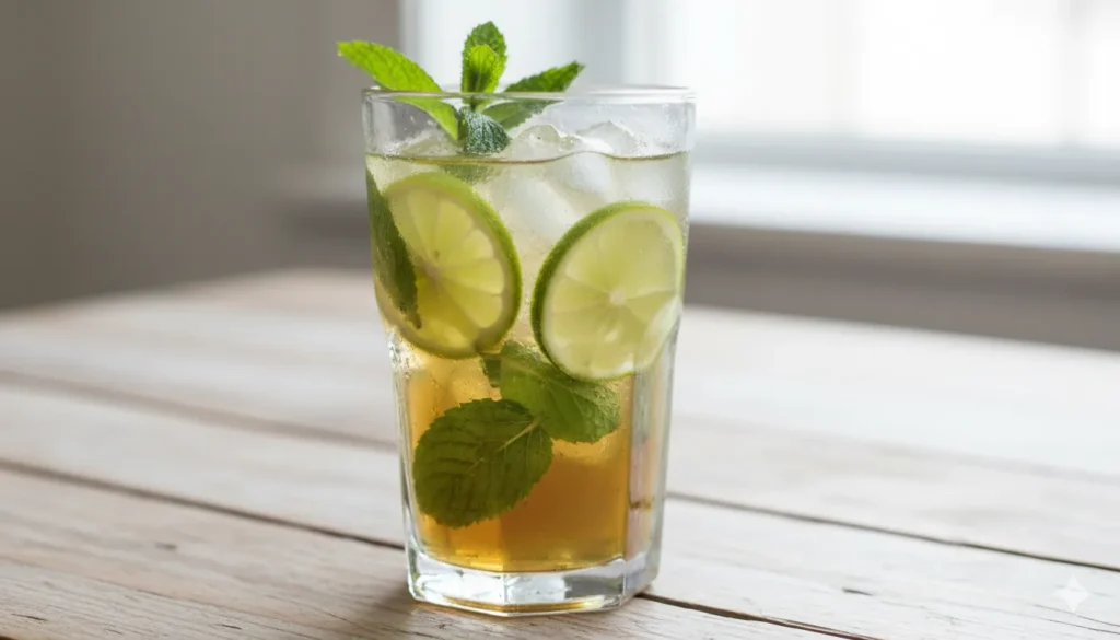 A refreshing glass of the Yerba Mate Brazilian Mounjaro drink with mint and lime on a kitchen table.