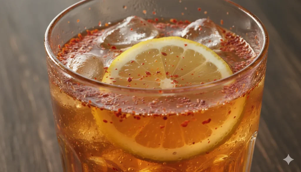 Brazilian Mounjaro Recipe 
A spicy red-orange  
Brazilian Mounjaro drink with cayenne pepper sprinkled on top.