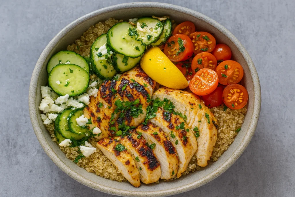 
Grilled lemon herb chicken bowl with quinoa, cucumbers, cherry tomatoes, and feta – a fresh high-protein option for weight loss recipes.