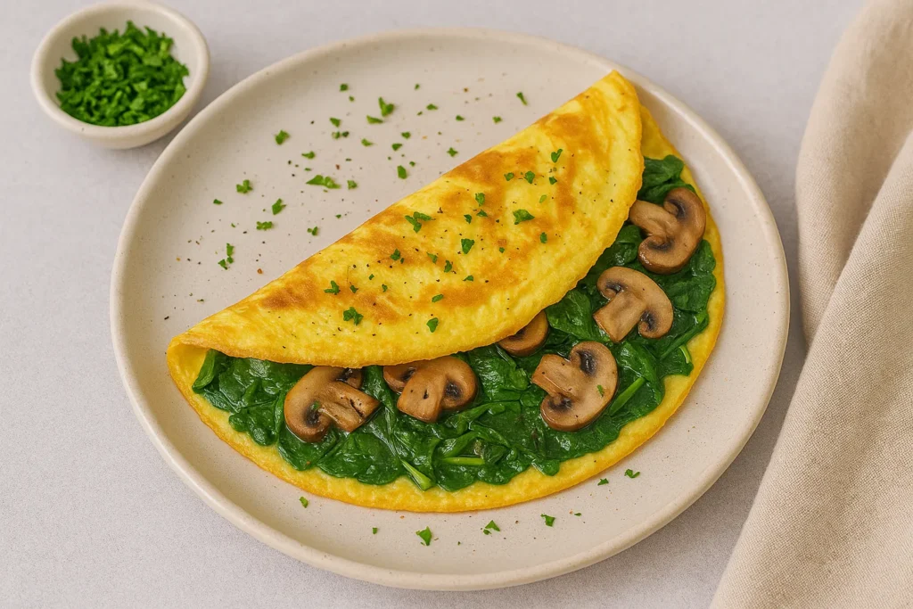 Fluffy spinach and mushroom omelette served with herbs, a low-calorie breakfast ideal for weight loss recipes.