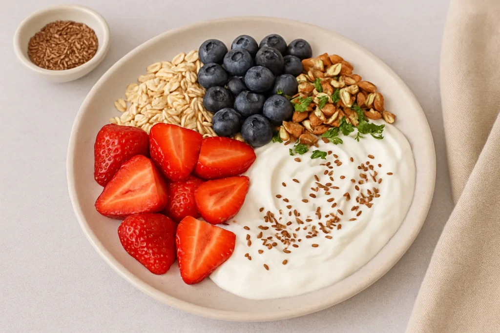 Healthy Greek yogurt bowl topped with berries, nuts, and seeds, a protein-rich breakfast for weight loss recipes.