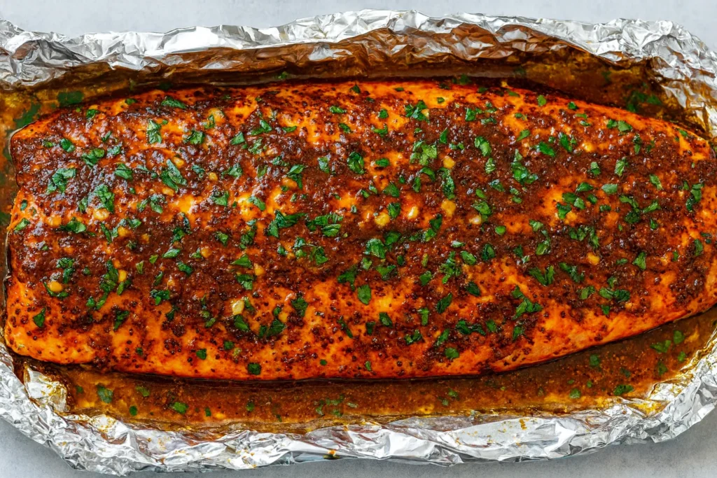 Honey mustard baked salmon fillet with herbs, a flavorful omega-3-rich meal supporting weight loss recipes.